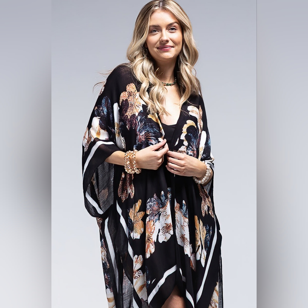 Kimono w/ Exotic Floral Print & Rich Black Background - Lightweight Silky Feel